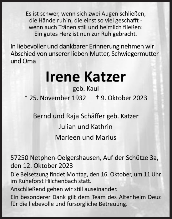 Traueranzeige von Irene Katzer von Siegener Zeitung