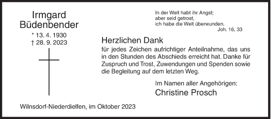 Traueranzeige von Irmgard Büdenbender von Siegener Zeitung