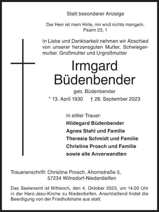 Traueranzeige von Irmgard Büdenbender von Siegener Zeitung