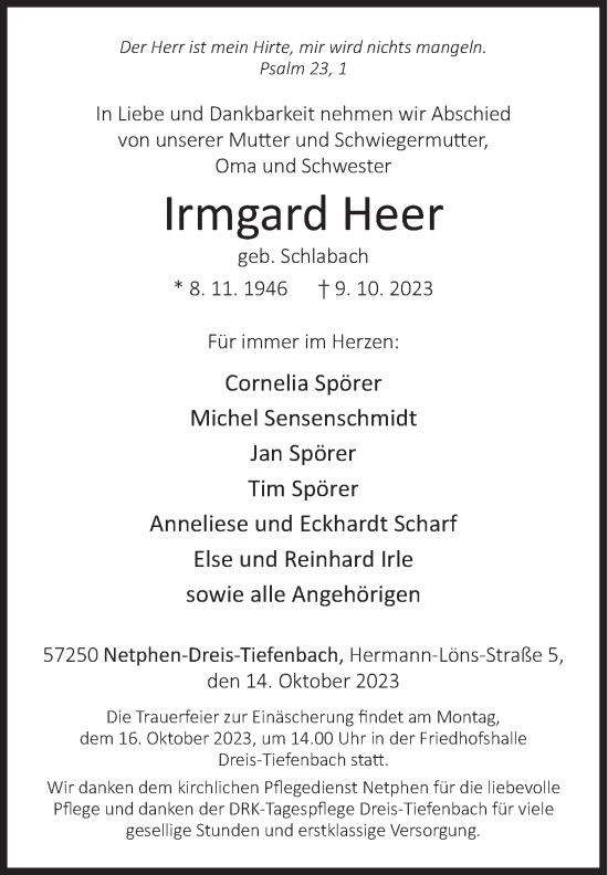 Traueranzeige von Irmgard Heer von Siegener Zeitung