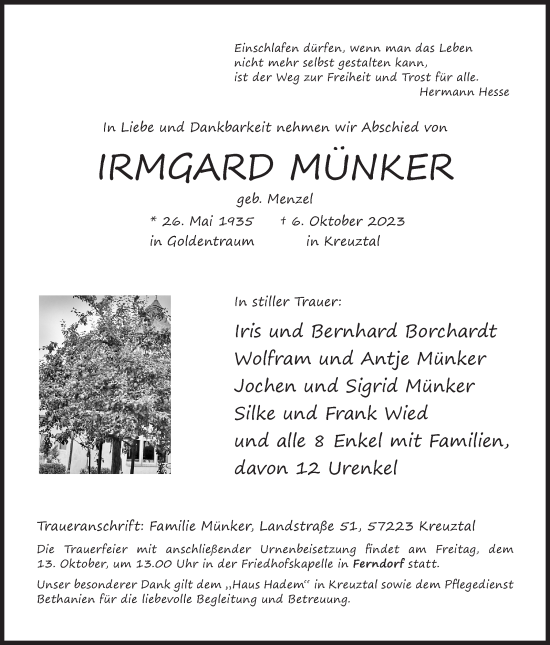 Traueranzeige von Irmgard Münker von Siegener Zeitung