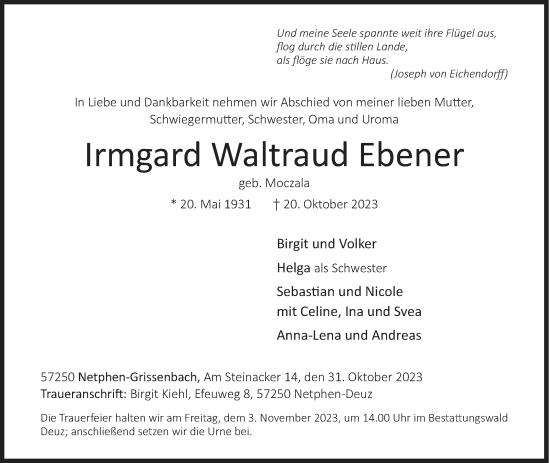 Traueranzeige von Irmgard Waltraud Ebener von Siegener Zeitung
