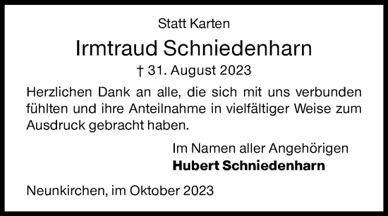 Traueranzeige von Irmtraud Schniedenharn von Siegener Zeitung