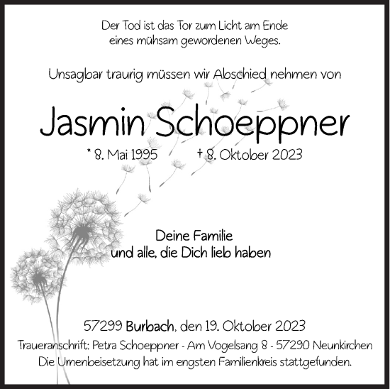 Traueranzeige von Jasmin Schoeppner von Siegener Zeitung