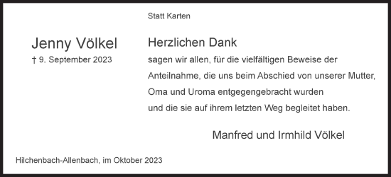 Traueranzeige von Jenny Völkel von Siegener Zeitung