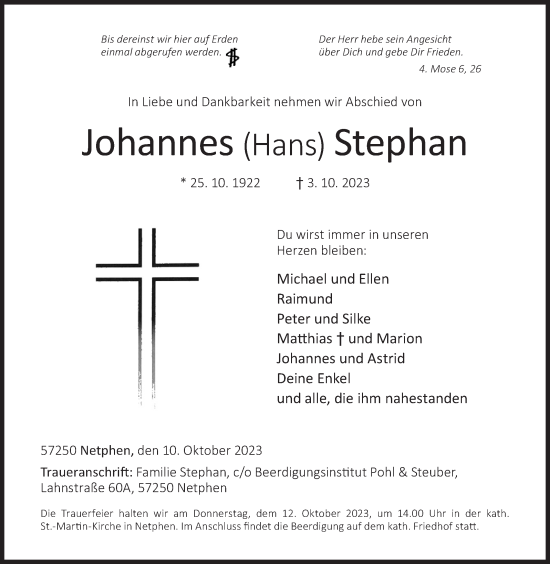 Traueranzeige von Johannes Stephan von Siegener Zeitung