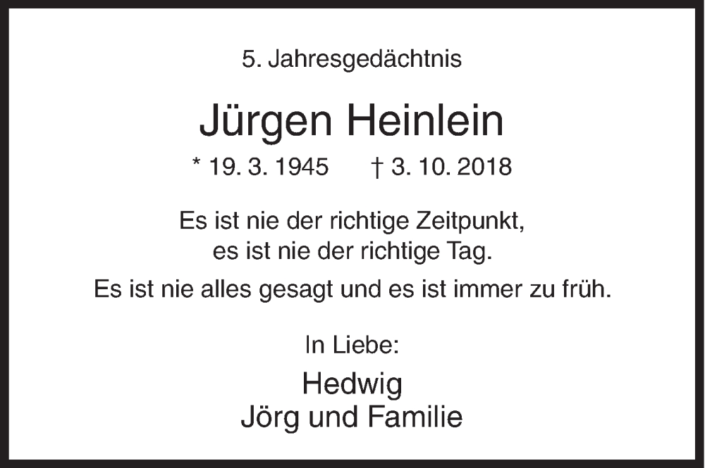  Traueranzeige für Jürgen Heinlein vom 02.10.2023 aus Siegener Zeitung