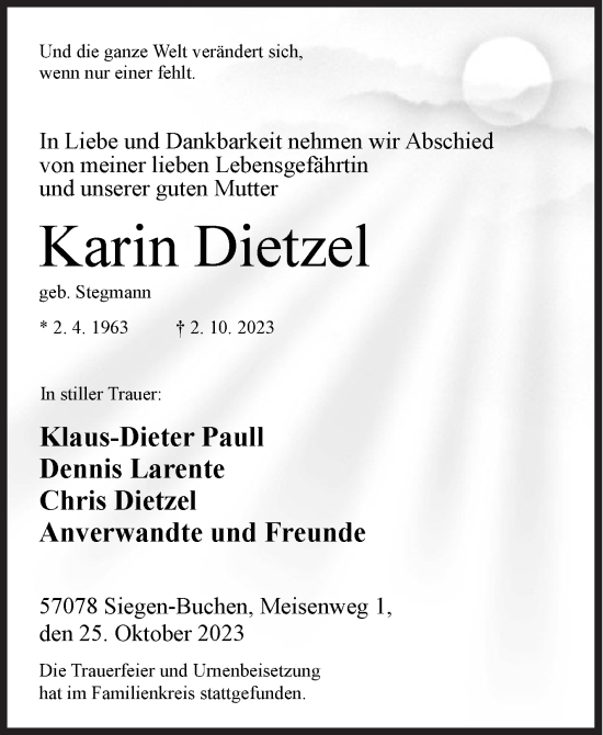 Traueranzeige von Karin Dietzel von Siegener Zeitung