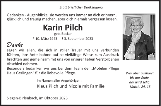 Traueranzeige von Karin Pilch von Siegener Zeitung