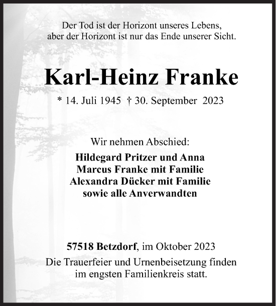 Traueranzeige von Karl-Heinz Franke von Siegener Zeitung