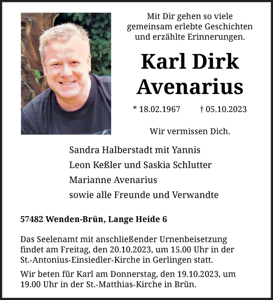 Traueranzeige von Karl Dirk Avenarius von Siegener Zeitung