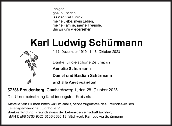Traueranzeige von Karl Ludwig Schürmann von Siegener Zeitung