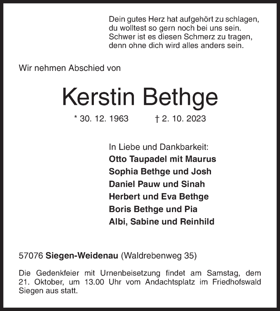  Traueranzeige für Kerstin Bethge vom 18.10.2023 aus Siegener Zeitung