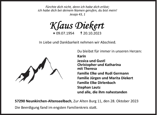 Traueranzeige von Klaus Diekert von Siegener Zeitung
