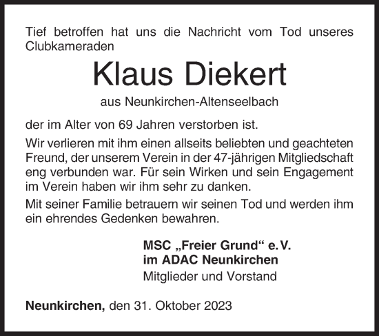 Traueranzeige von Klaus Diekert von Siegener Zeitung