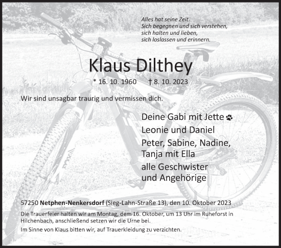 Traueranzeige von Klaus Dilthey von Siegener Zeitung