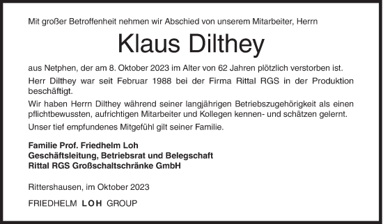 Traueranzeige von Klaus Dilthey von Siegener Zeitung