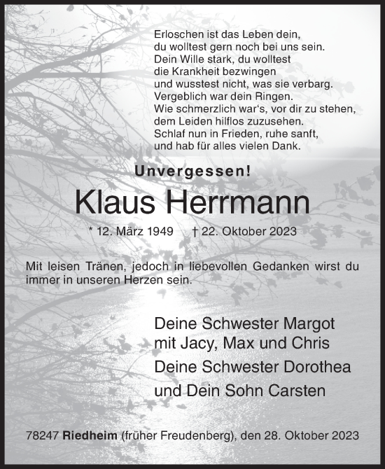 Traueranzeige von Klaus Herrmann von Siegener Zeitung
