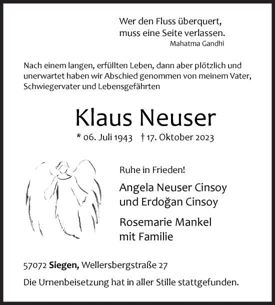Traueranzeige von Klaus Neuser von Siegener Zeitung