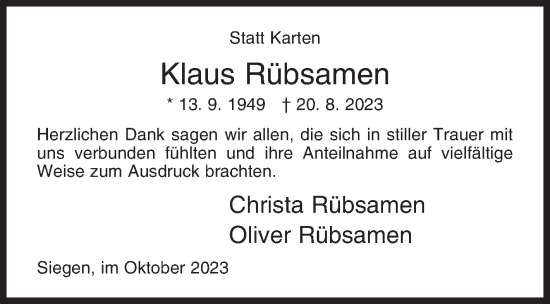 Traueranzeige von Klaus Rübsamen von Siegener Zeitung