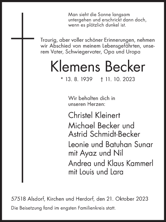 Traueranzeige von Klemens Becker von Siegener Zeitung