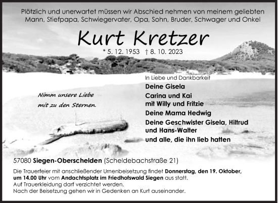 Traueranzeige von Kurt Kretzer von Siegener Zeitung