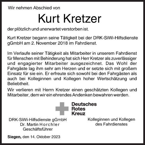 Traueranzeige von Kurt Kretzer von Siegener Zeitung