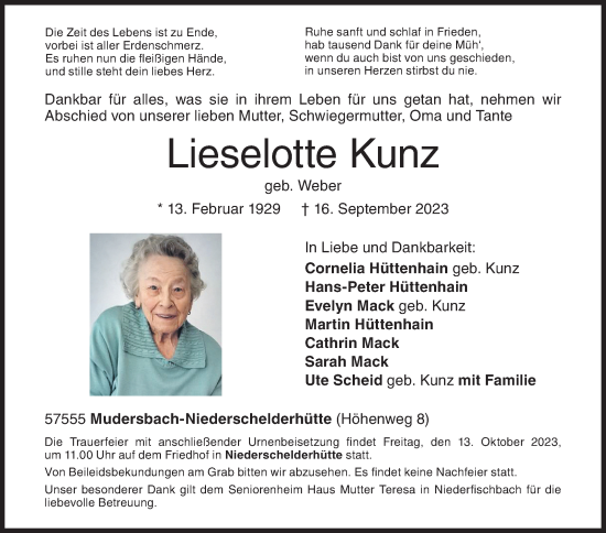 Traueranzeige von Lieselotte Kunz von Siegener Zeitung