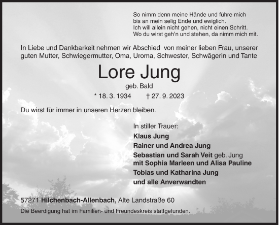 Traueranzeige von Lore Jung von Siegener Zeitung