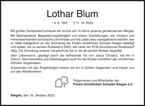Traueranzeige von Lothar Blum von Siegener Zeitung