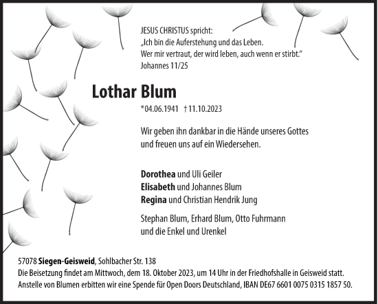 Traueranzeige von Lothar Blum von Siegener Zeitung