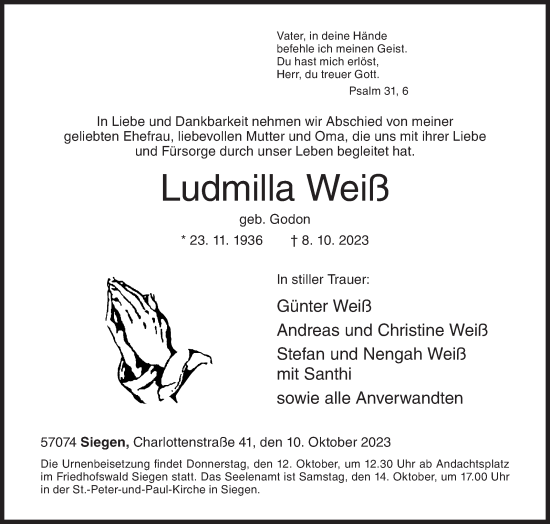 Traueranzeige von Ludmilla Weiß von Siegener Zeitung