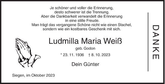 Traueranzeige von Ludmilla Maria Weiß von Siegener Zeitung