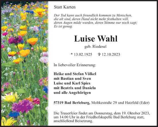 Traueranzeige von Luise Wahl von Siegener Zeitung