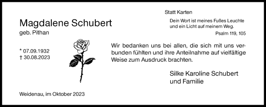 Traueranzeige von Magdalene Schubert von Siegener Zeitung