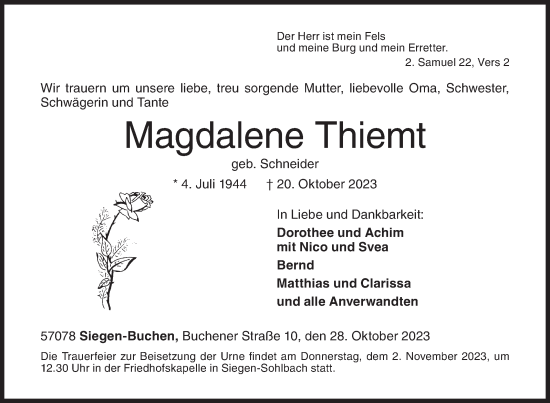 Traueranzeige von Magdalene Thiemt von Siegener Zeitung