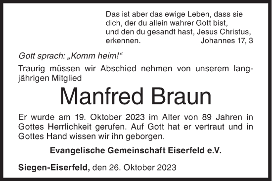 Traueranzeige von Manfred Braun von Siegener Zeitung