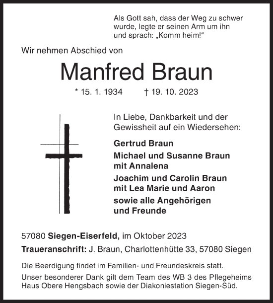 Traueranzeige von Manfred Braun von Siegener Zeitung
