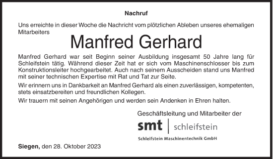 Traueranzeige von Manfred Gerhard von Siegener Zeitung
