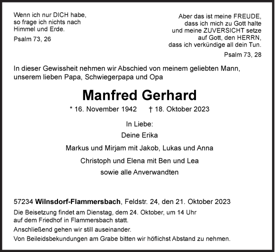 Traueranzeige von Manfred Gerhard von Siegener Zeitung
