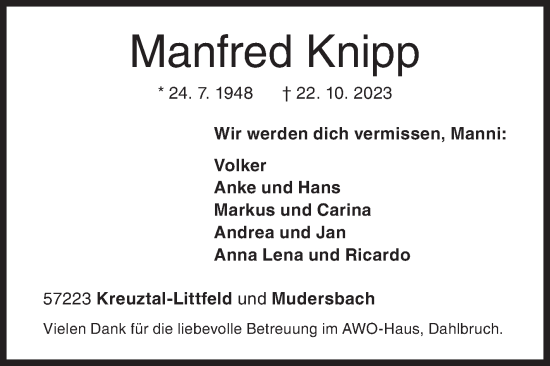 Traueranzeige von Manfred Knipp von Siegener Zeitung