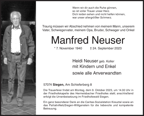 Traueranzeige von Manfred Neuser von Siegener Zeitung