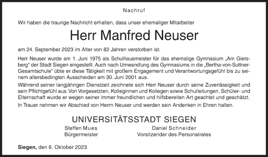 Traueranzeige von Manfred Neuser von Siegener Zeitung