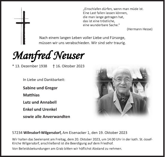 Traueranzeige von Manfred Neuser von Siegener Zeitung