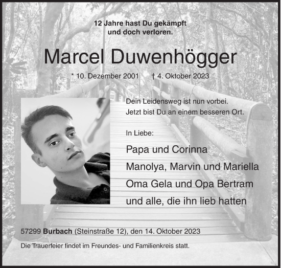 Traueranzeige von Marcel Duwenhögger von Siegener Zeitung