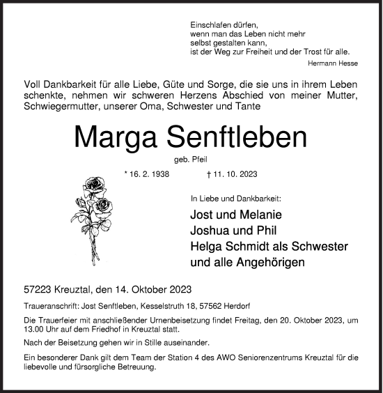 Traueranzeige von Marga Senftleben von Siegener Zeitung