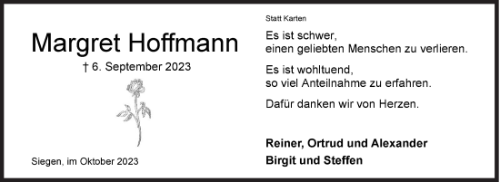 Traueranzeige von Margret Hoffmann von Siegener Zeitung