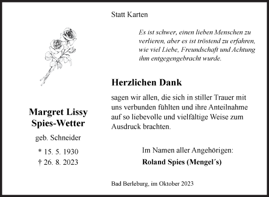 Traueranzeige von Margret Lissy Spies-Wetter von Siegener Zeitung