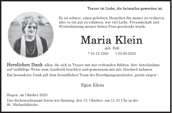 Traueranzeige von Maria Klein von Siegener Zeitung