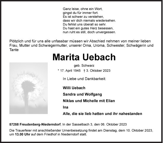 Traueranzeige von Marita Uebach von Siegener Zeitung